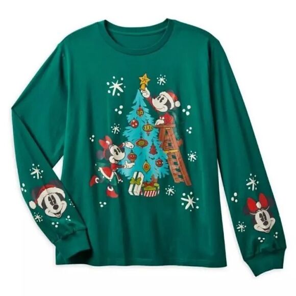 Disney Parks Mickey and Minnie Mouse Holiday Long Sleeve T-Shirt Top - Picture 1 of 6